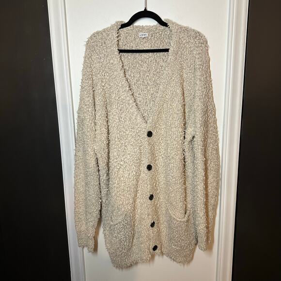 Loewe Men's Beige Yzzuf Cardigan Sweater Size XL Linen Wool Blend Shaggy Cream - Picture 3 of 16